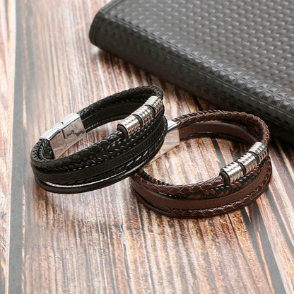 Stainless Steel Men's Leather Magnetic Buckle Woven Bracelet - Two4fun