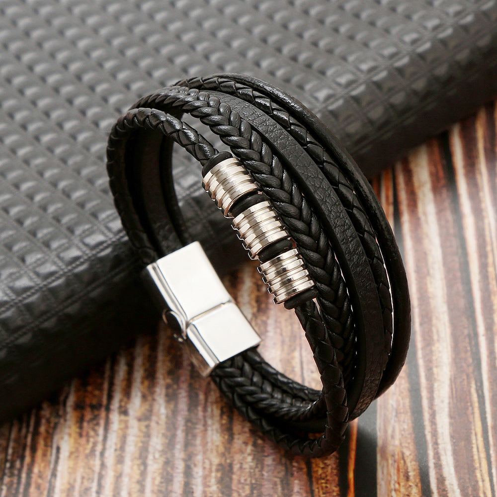 Stainless Steel Men's Leather Magnetic Buckle Woven Bracelet - Two4fun