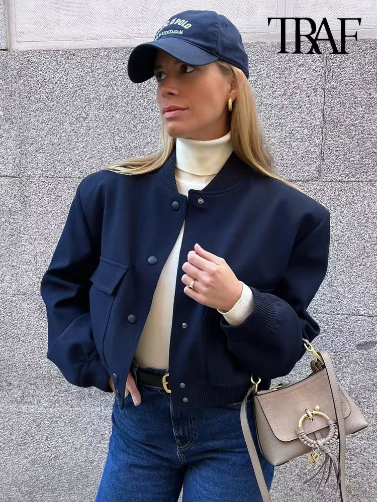 Women Fashion With Pockets Bomber Jacket Coats Vintage Long Sleeve