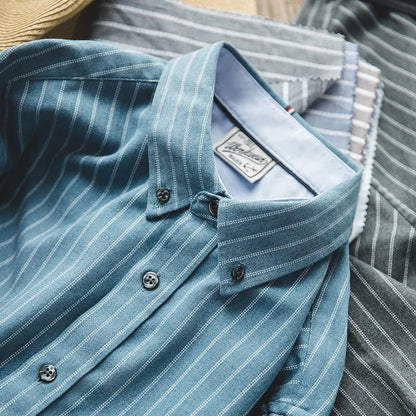 Autumn Retro Blue Striped Shirt For Men Long Sleeve Classic Business