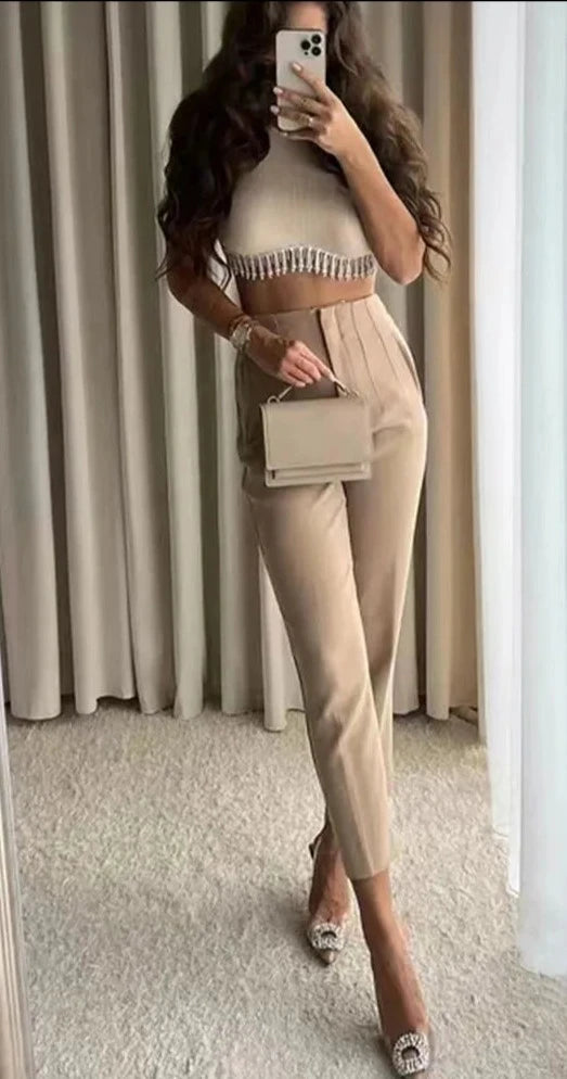 Women Fashion With Pockets Casual Basic Solid Pants Vintage High Waist
